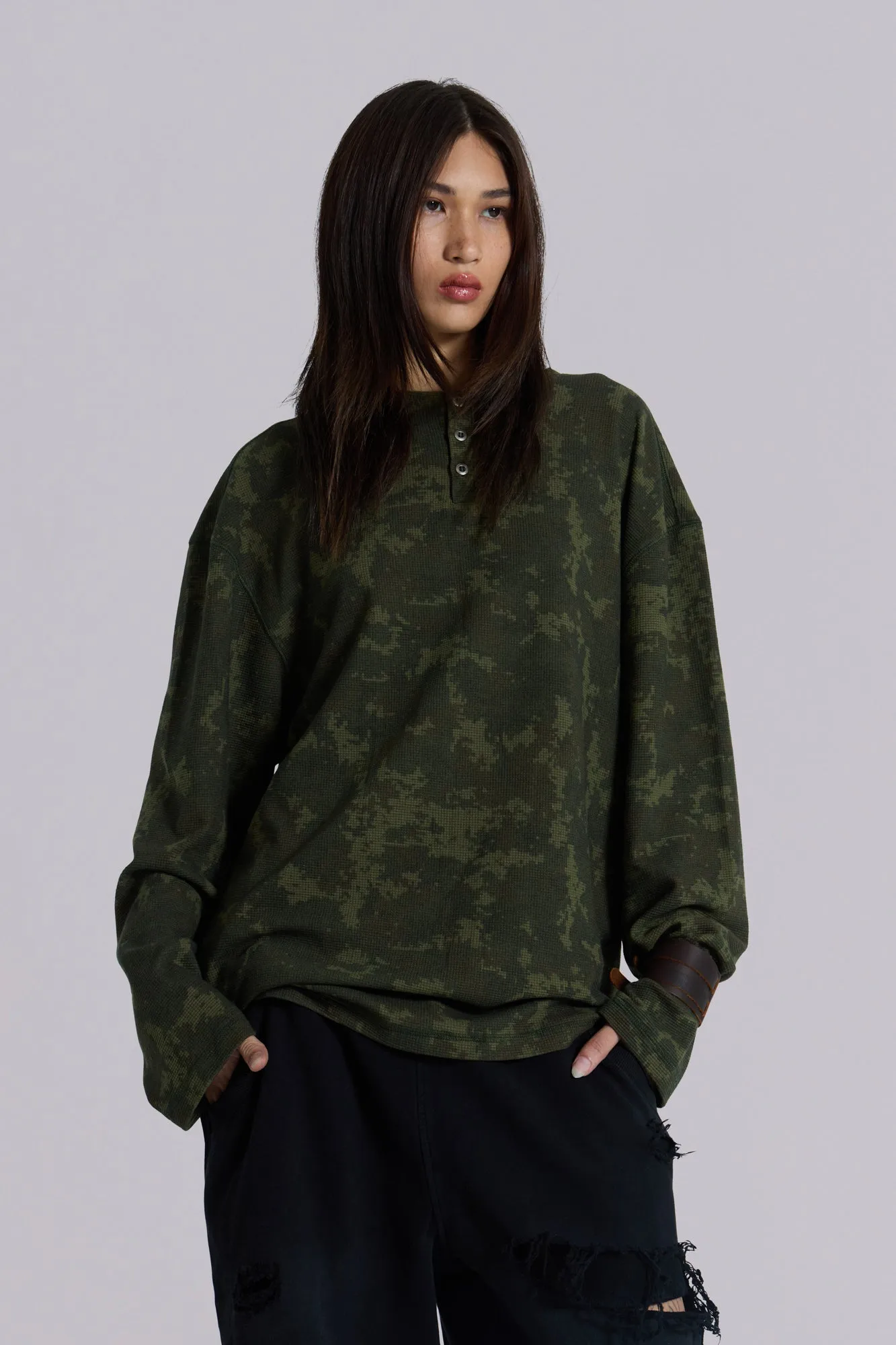 Digi Camo Waffle Henley Top sold by Jaded London