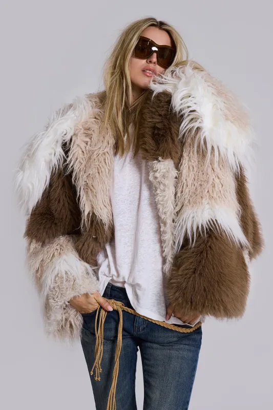 Oksana Patchwork Faux Fur Coat in Beige sold by Jaded London