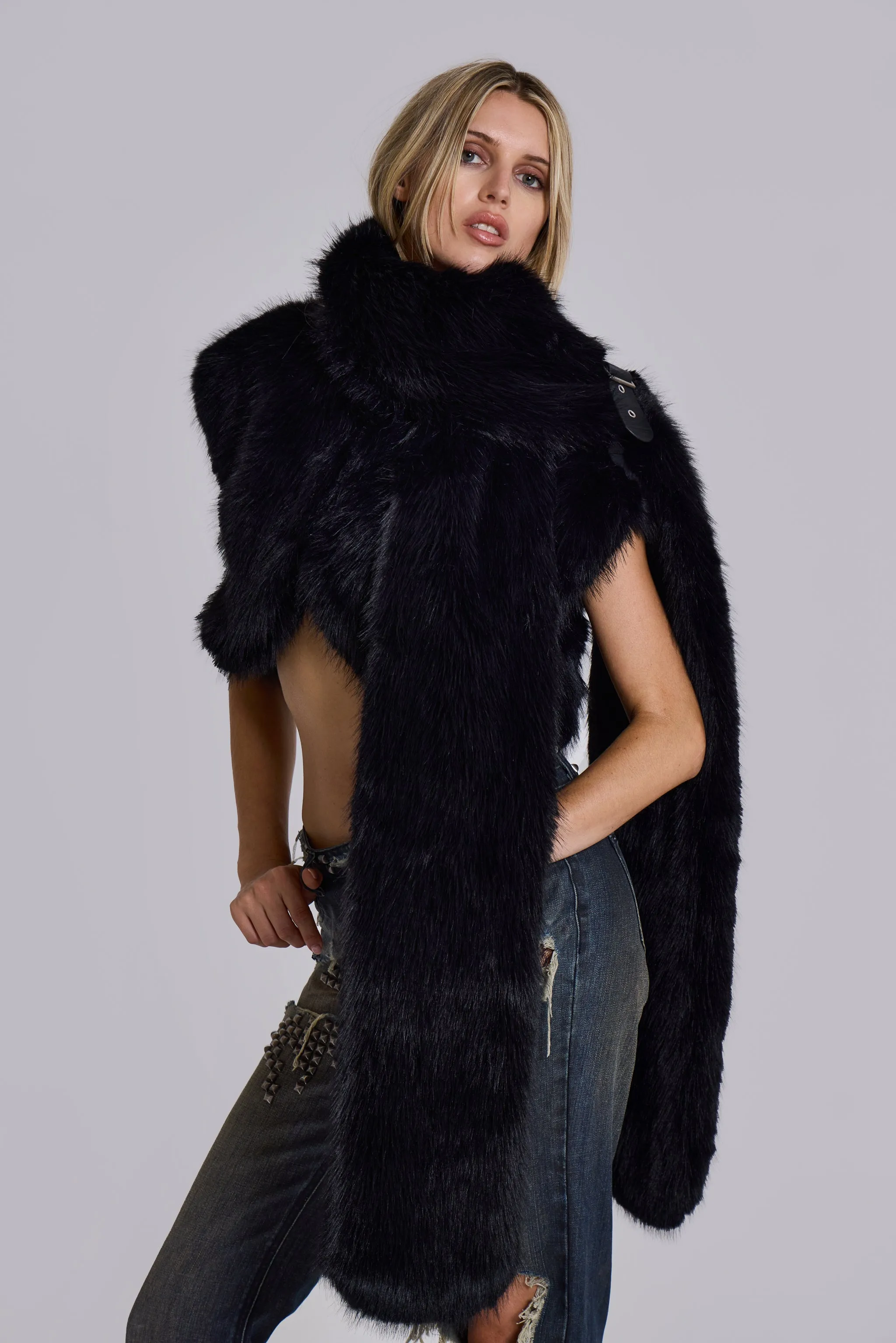 Saskia 2-in-1 Faux Fur Shrug in Black sold by Jaded London