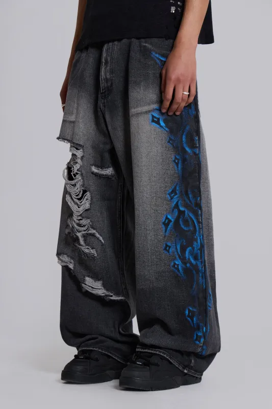 Black Spike Airbrush XL Ripped Colossus Jeans sold by Jaded London