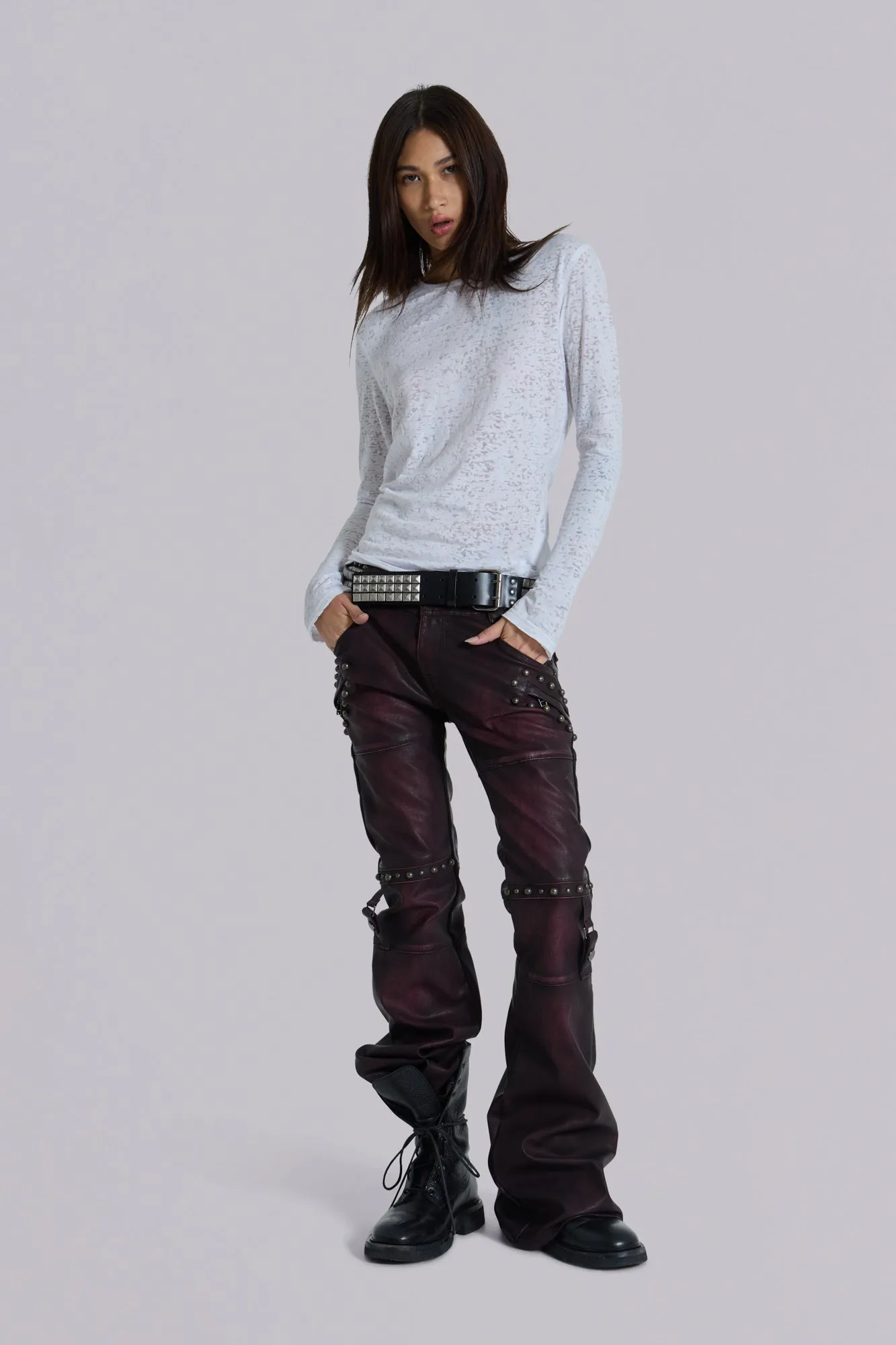 Burgundy Studded Faux Leather Drift Trousers sold by Jaded London product image thumbnail 2