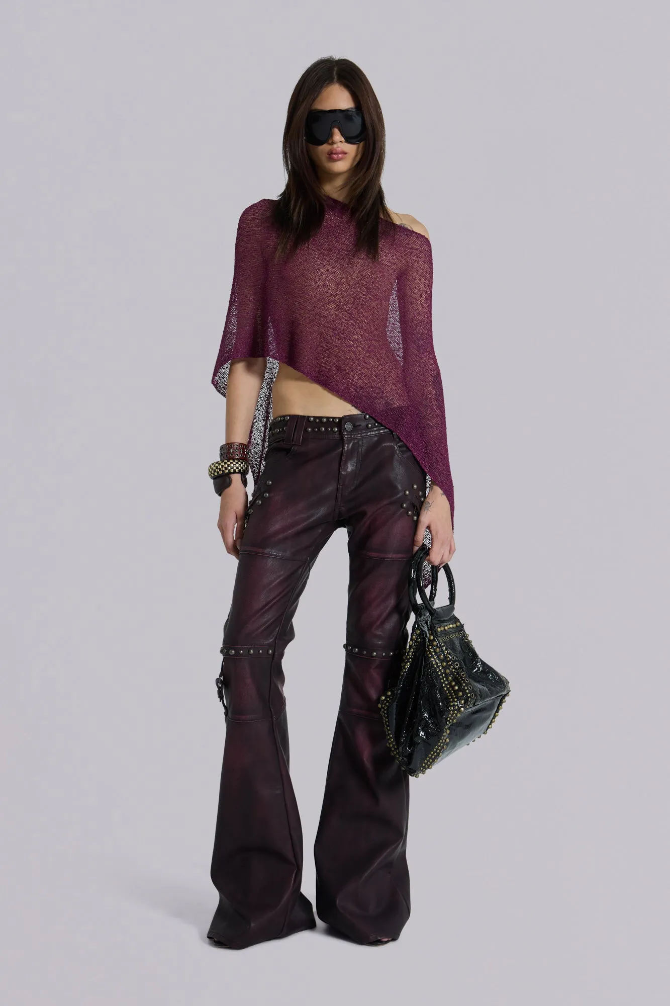 Burgundy Studded Faux Leather Drift Trousers sold by Jaded London