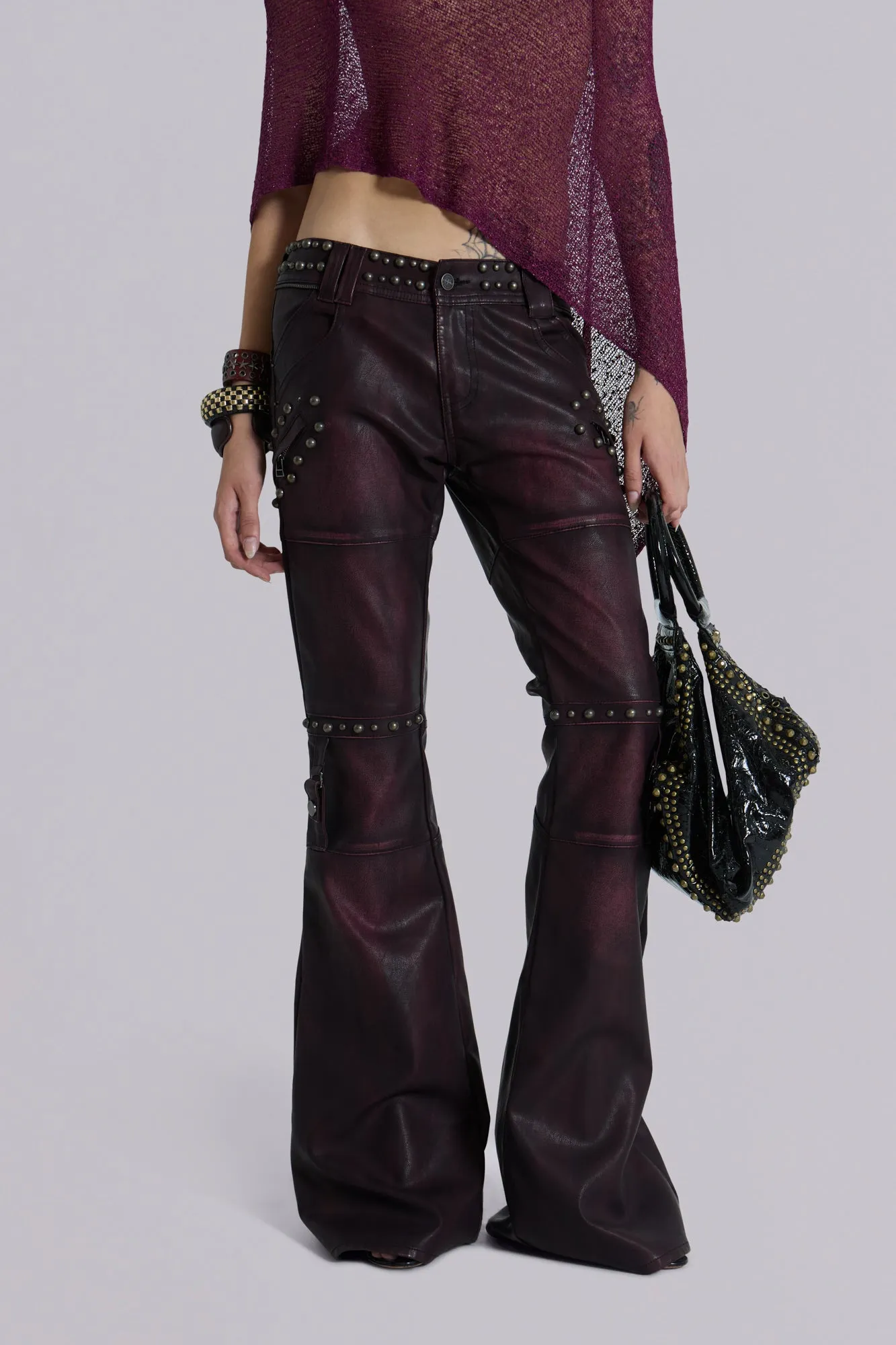 Burgundy Studded Faux Leather Drift Trousers sold by Jaded London product image thumbnail 4
