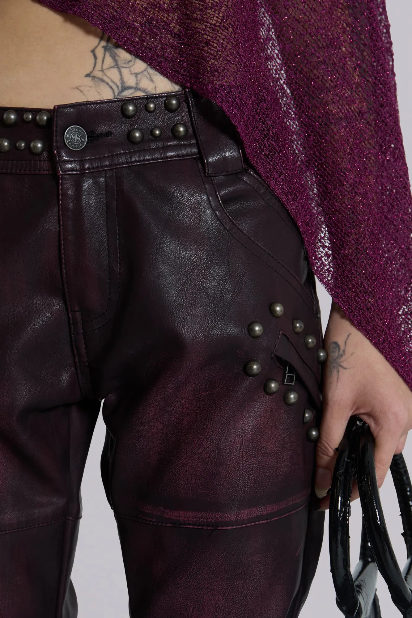 Burgundy Studded Faux Leather Drift Trousers sold by Jaded London product image thumbnail 5