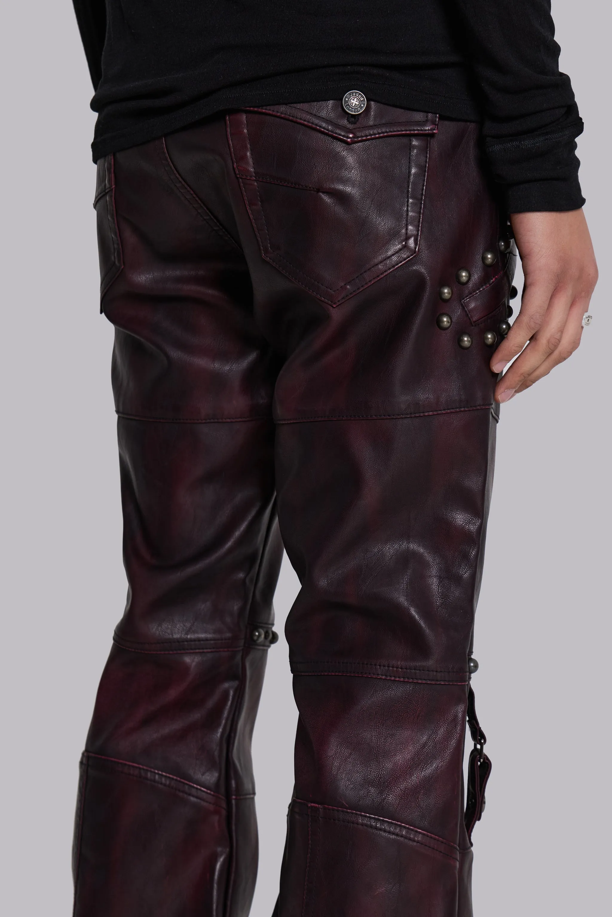 Burgundy Studded Faux Leather Drift Trousers sold by Jaded London product image thumbnail 4