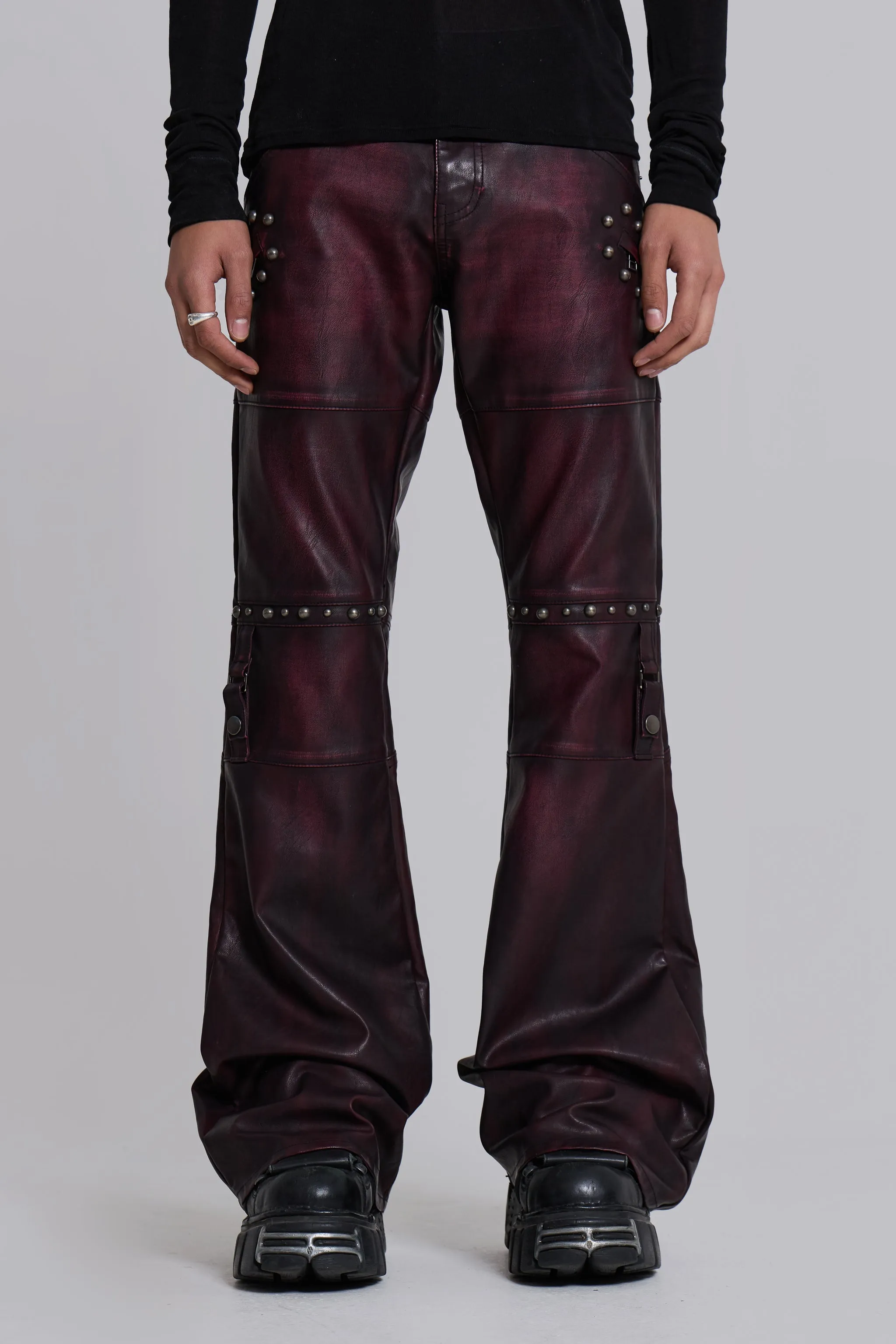 Burgundy Studded Faux Leather Drift Trousers sold by Jaded London