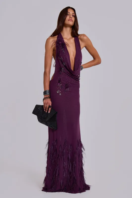 Ember Embellished Plunge Maxi Dress with Real Feather made by Jaded London