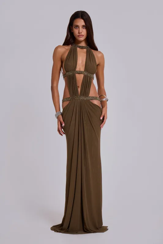 6AM Cut Out Maxi Dress in Moss sold by Jaded London