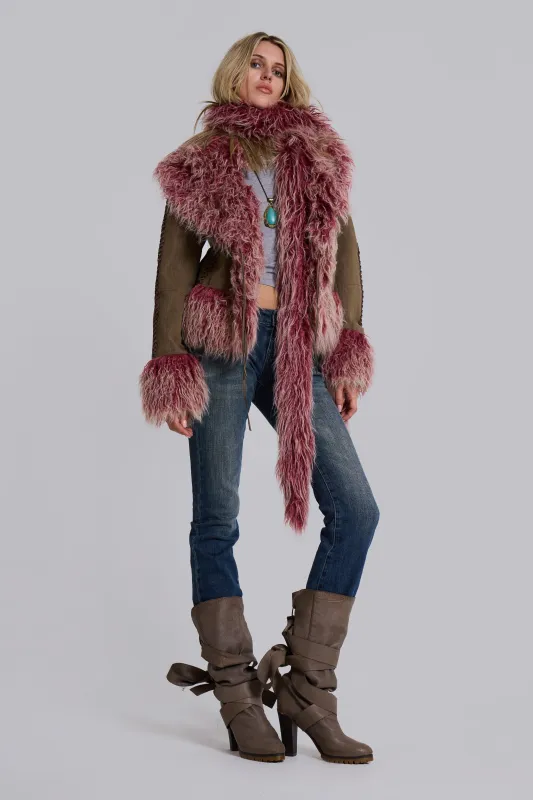 Leonie Faux Mongolian Fur Trim Coat in Quartz sold by Jaded London