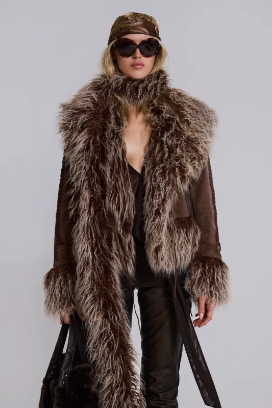Leonie Faux Mongolian Fur Trim Coat in Brown sold by Jaded London
