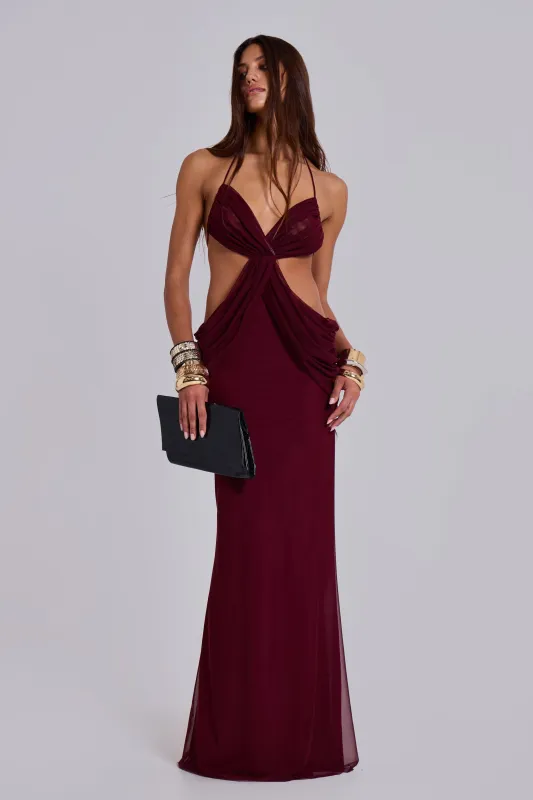 Hesperia Draped Maxi Dress in Burgundy made by Jaded London
