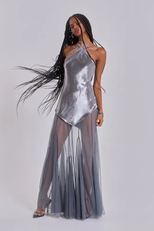 Talassa Maxi Dress with Real Feather sold by Jaded London