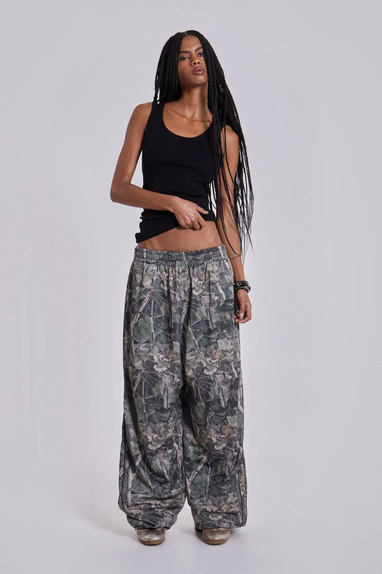 Forest Camo Mesh Vapor Tracksuit Bottoms sold by Jaded London
