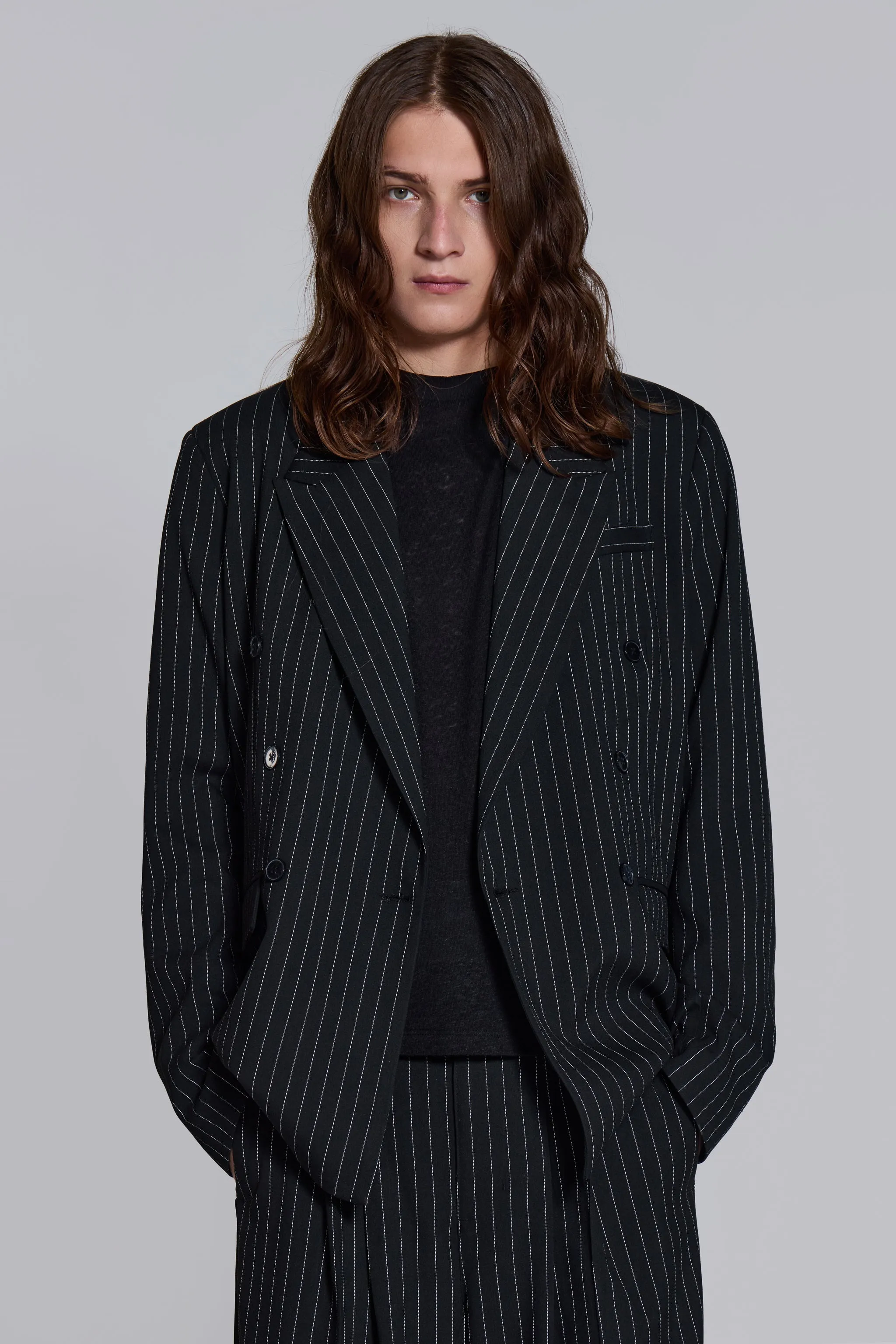 Goliath Pinstripe Double Breasted Boxy Blazer sold by Jaded London