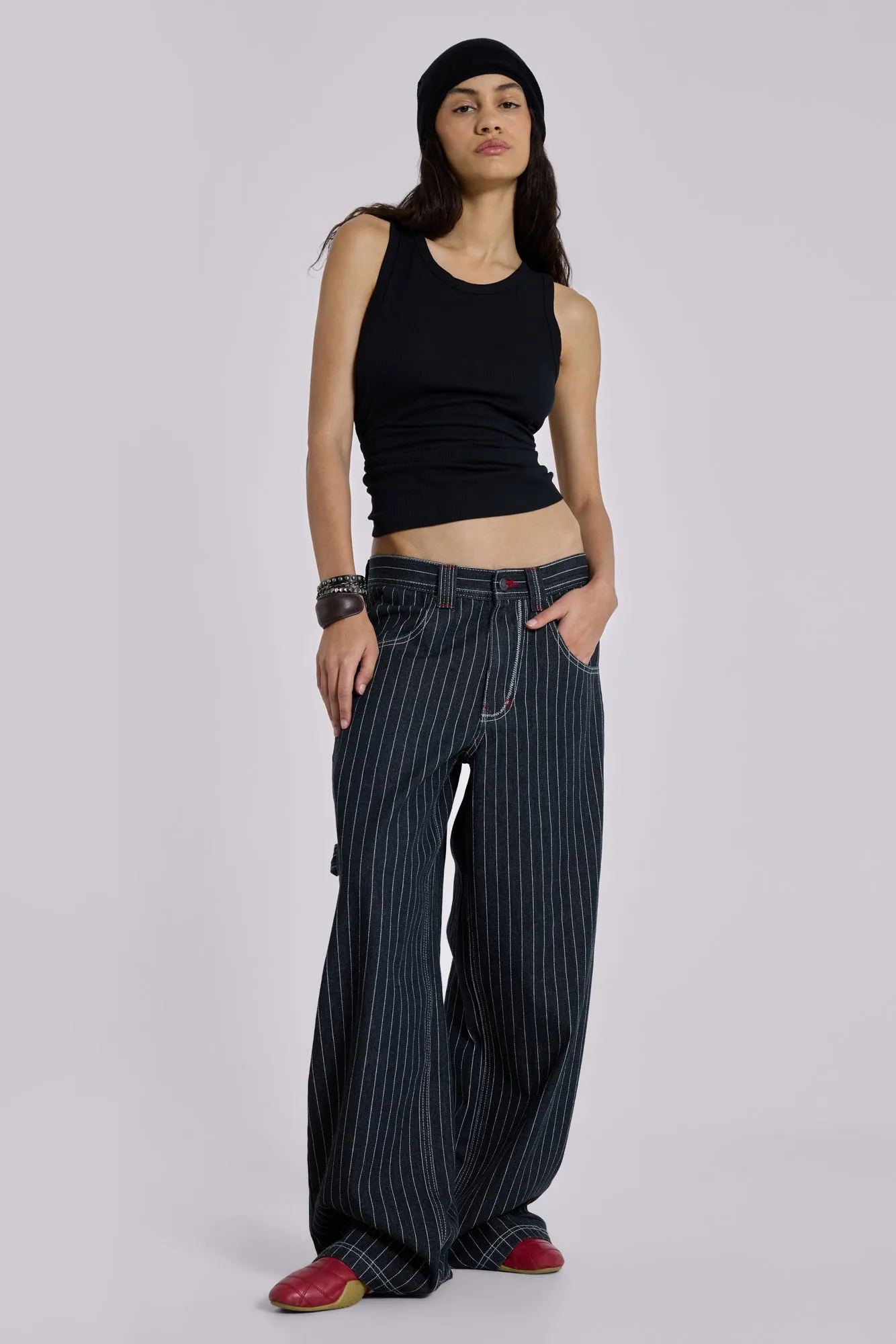 Black Ollie Pinstripe XL Colossus Jeans sold by Jaded London product image thumbnail 3