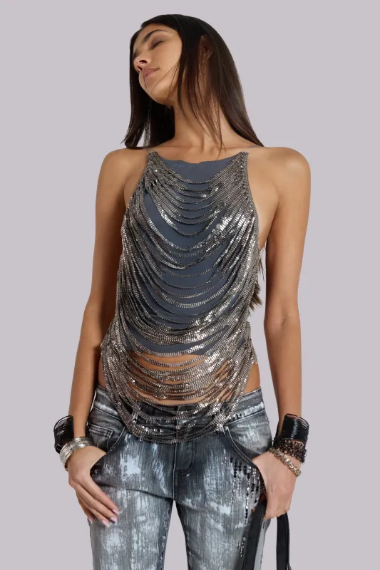 Strings Attached Backless Top in Chainmail sold by Jaded London