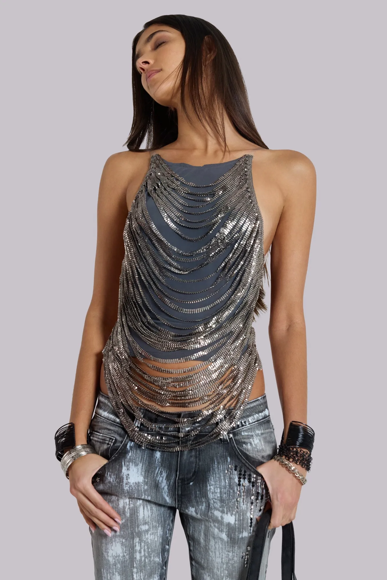 Strings Attached Backless Top in Chainmail sold by Jaded London