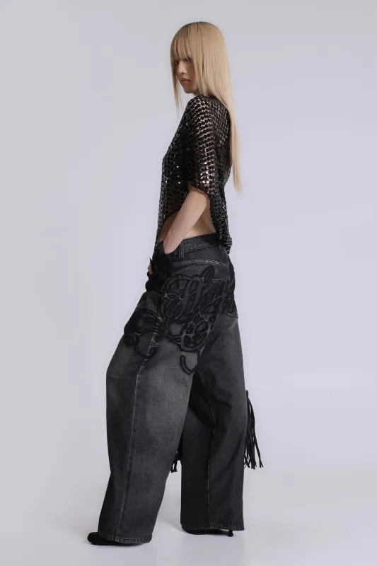Black Raised Embroidery XL Colossus Jeans sold by Jaded London