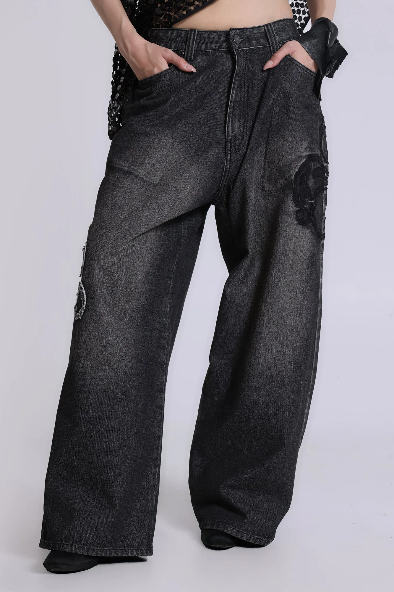 Black Raised Embroidery XL Colossus Jeans sold by Jaded London product image thumbnail 4