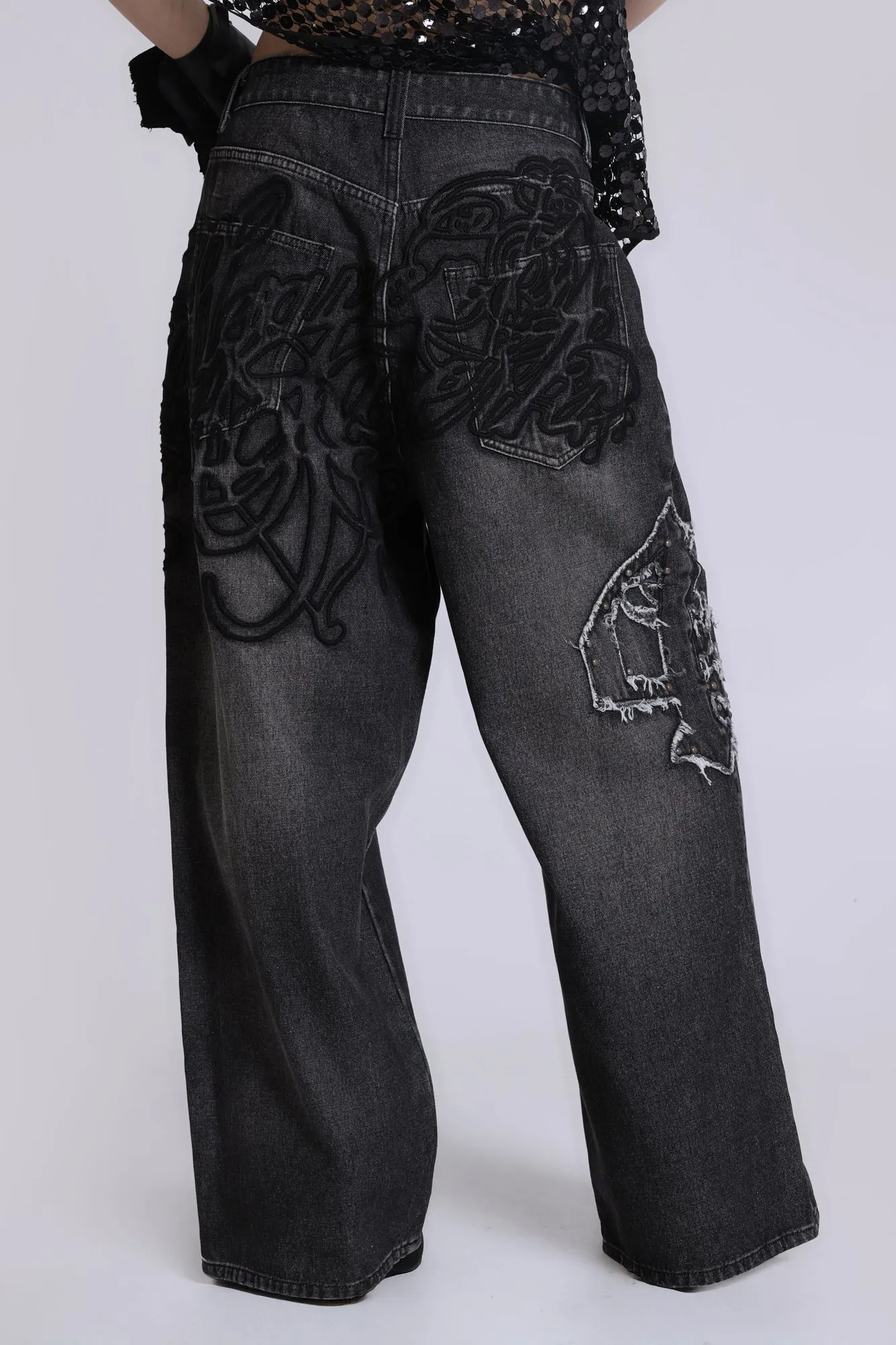 Black Raised Embroidery XL Colossus Jeans sold by Jaded London product image thumbnail 2