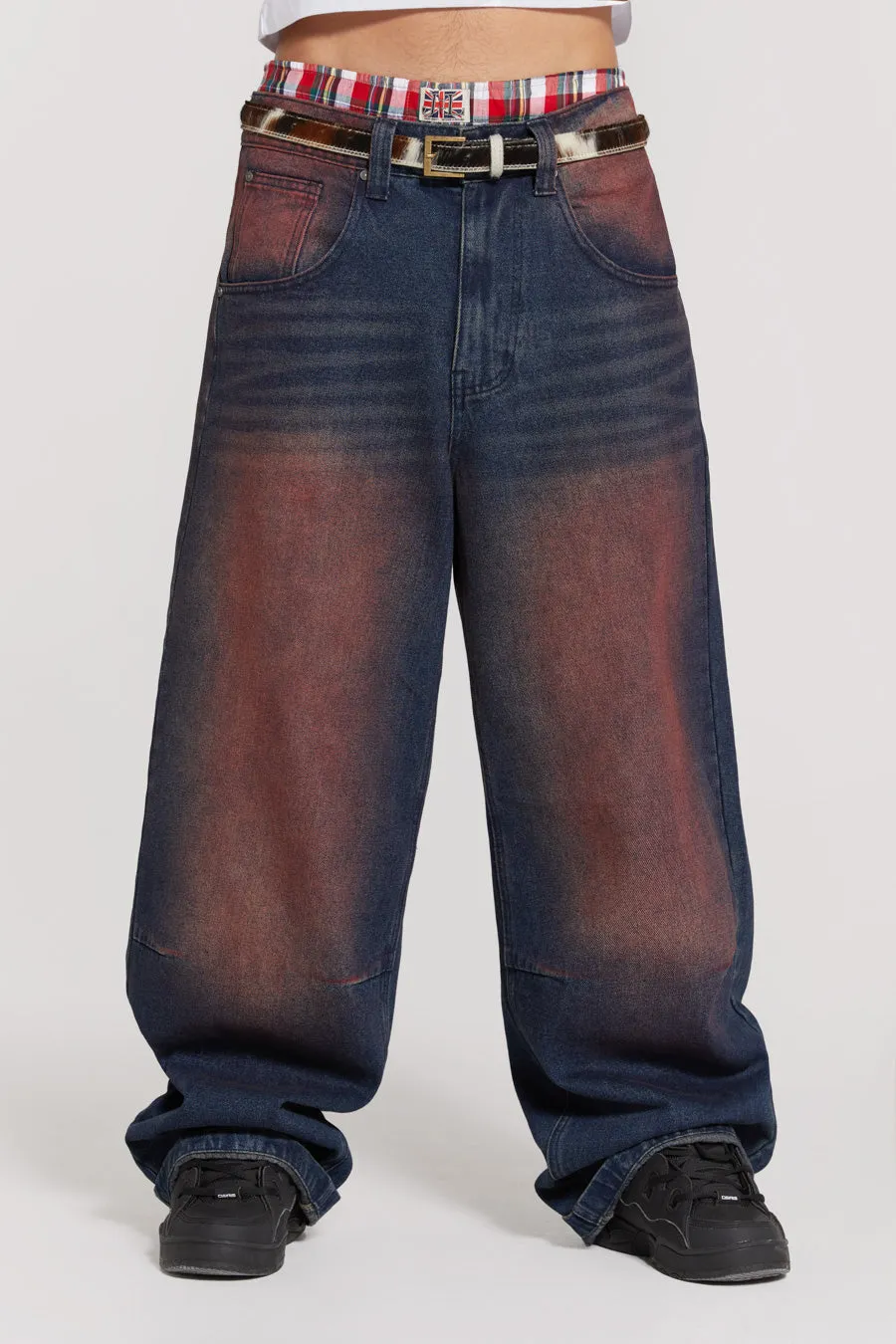 Deep Red Colossus Jeans sold by Jaded London