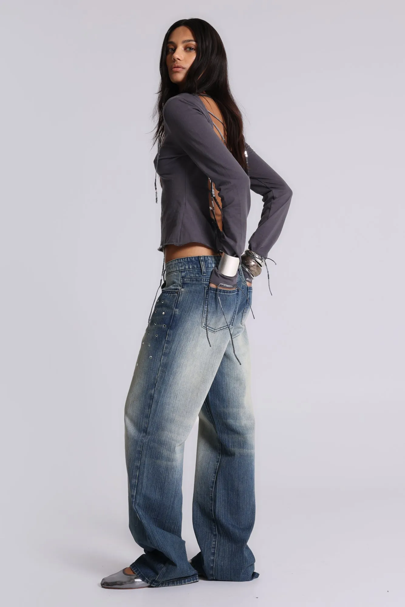 Hunter Loose Straight Leg Jeans with Mirrors sold by Jaded London product image thumbnail 4