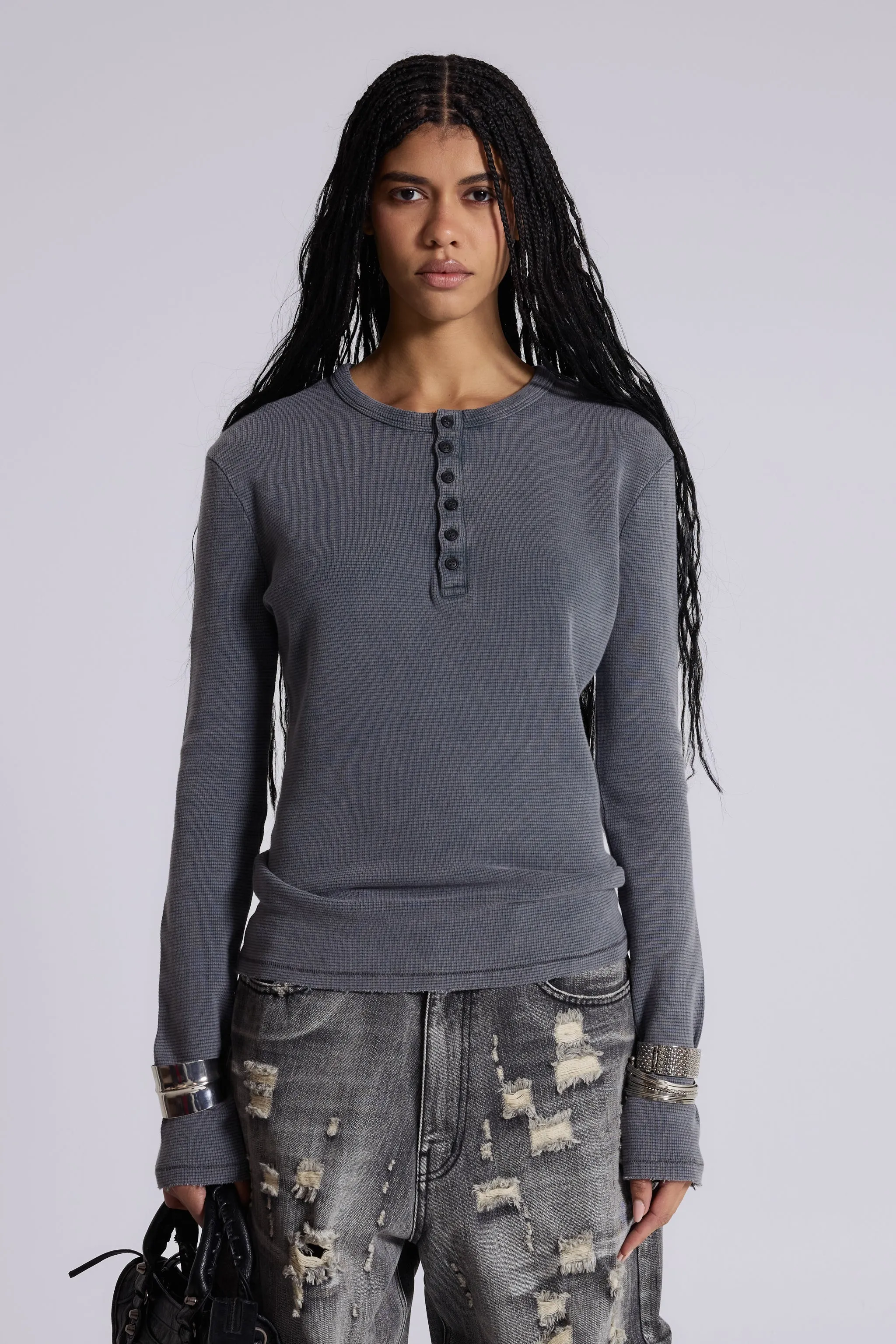 Charcoal Waffle Henley Top sold by Jaded London