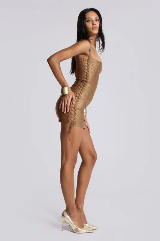 Idol Metallic Bandage Mini Dress in Bronze made by Jaded London