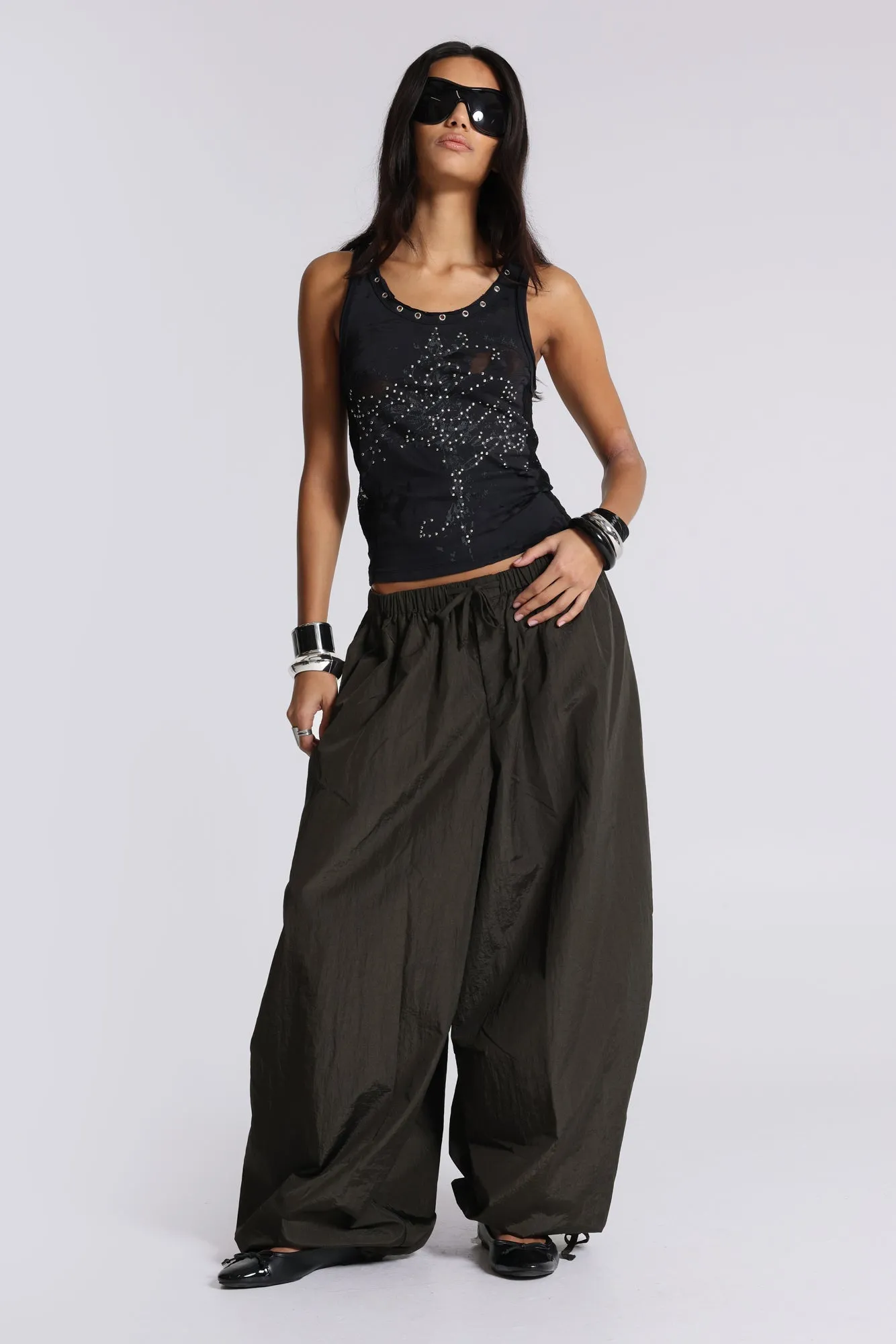 Nexis Nylon Balloon Parachute Pants in Khaki sold by Jaded London