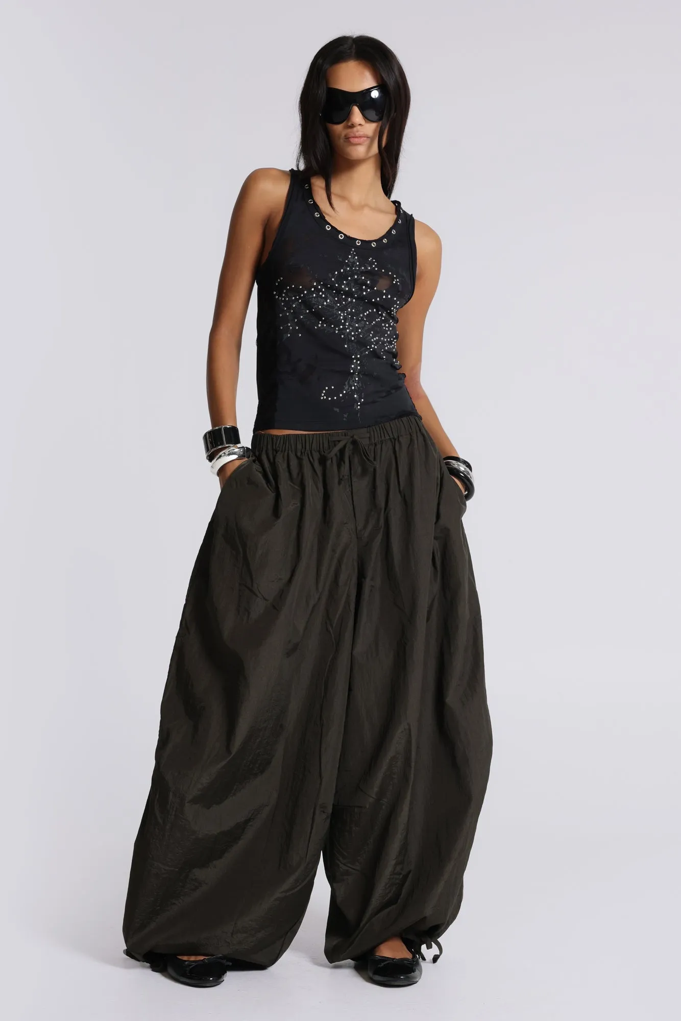 Nexis Nylon Balloon Parachute Pants in Khaki sold by Jaded London product image thumbnail 4