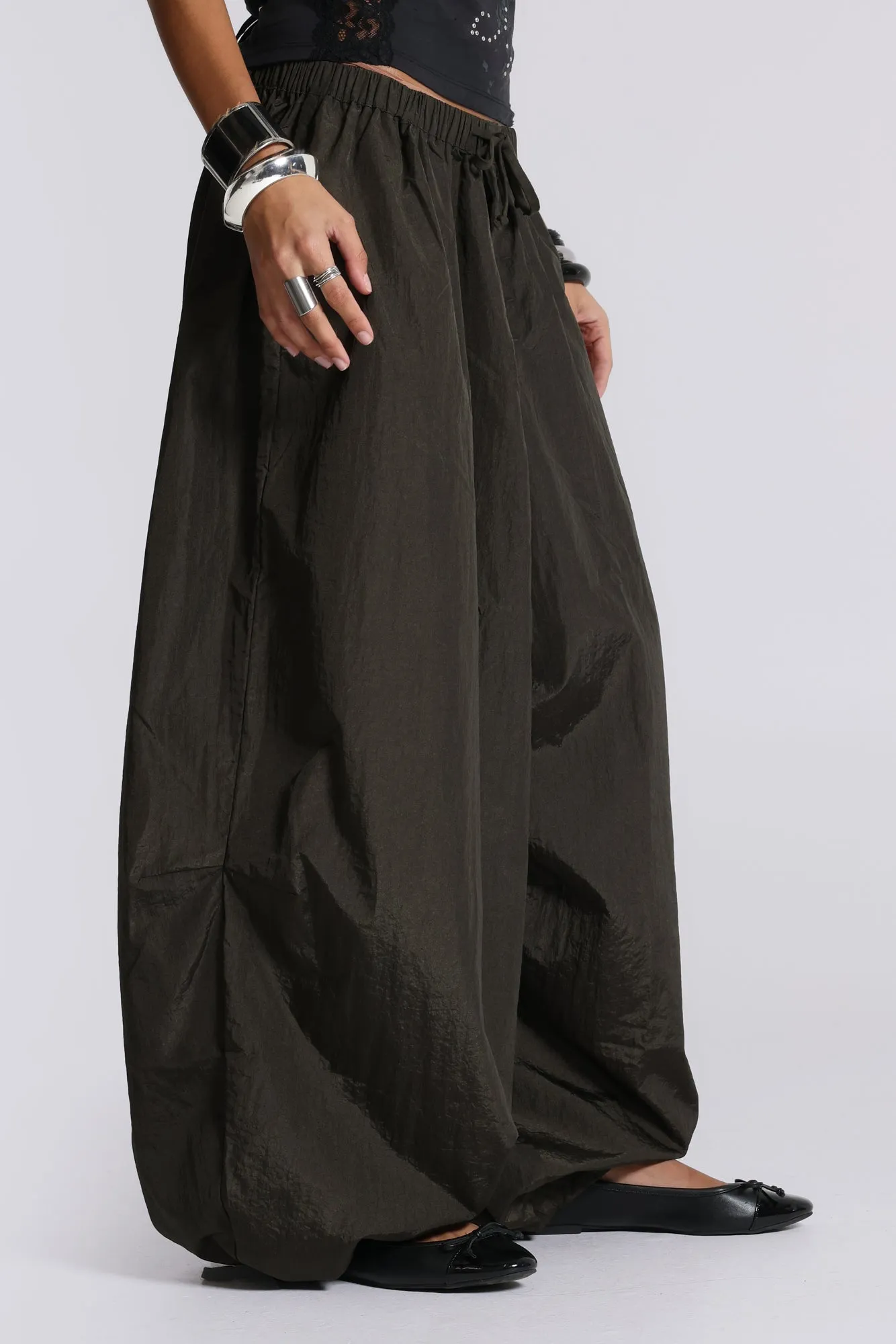 Nexis Nylon Balloon Parachute Pants in Khaki sold by Jaded London product image thumbnail 2