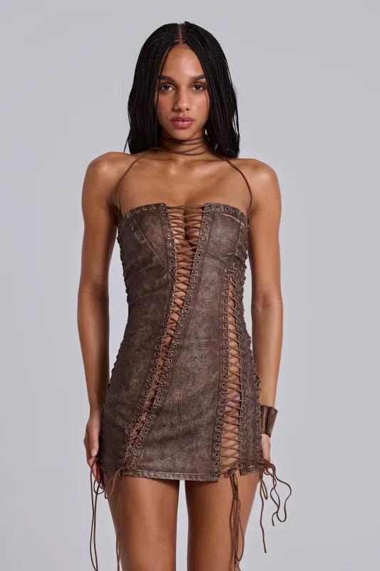 Odile Brown Faux Leather Lace Up Mini Dress made by Jaded London
