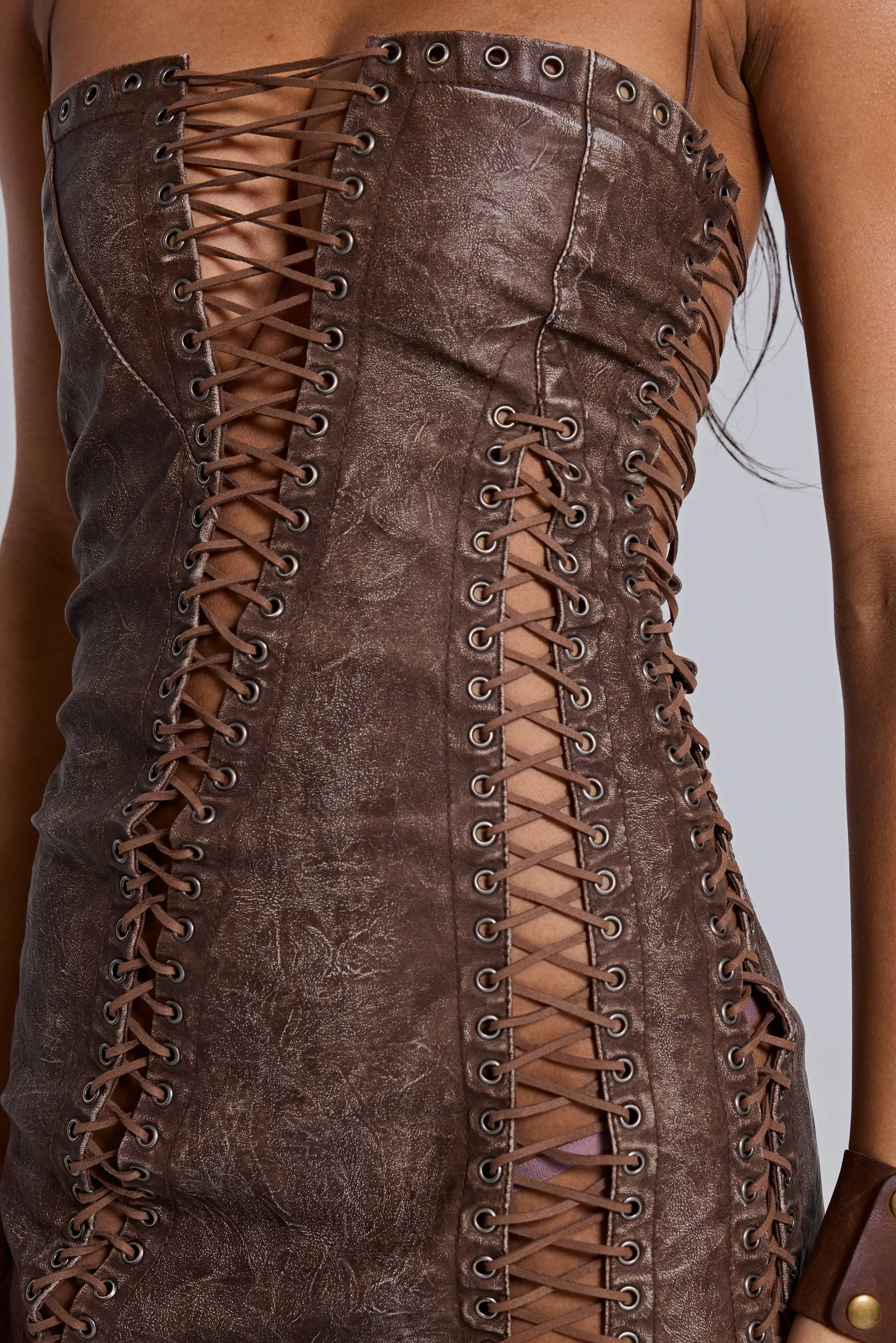 Odile Brown Faux Leather Lace Up Mini Dress sold by Jaded London product image thumbnail 3