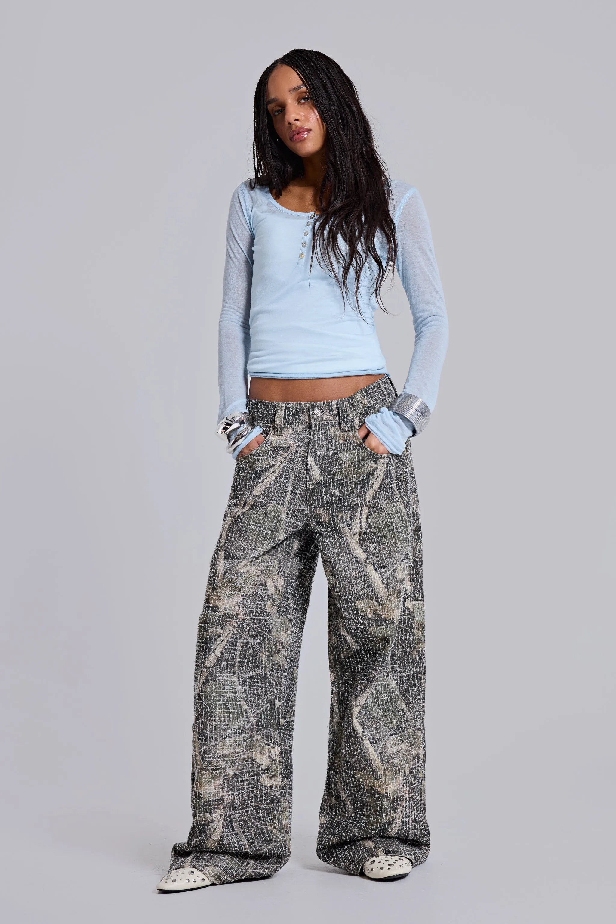 Needle Punch Woodland Camo Colossus Jeans sold by Jaded London
