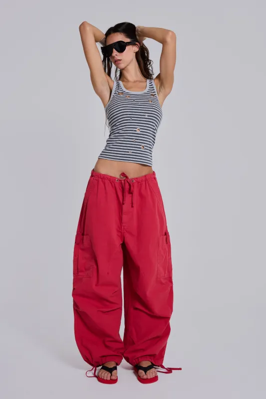 Red Parachute Cargo Pants made by Jaded London