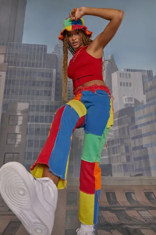 Primary Colour Block Patchwork Denim Boyfriend Fit Jeans sold by Jaded London