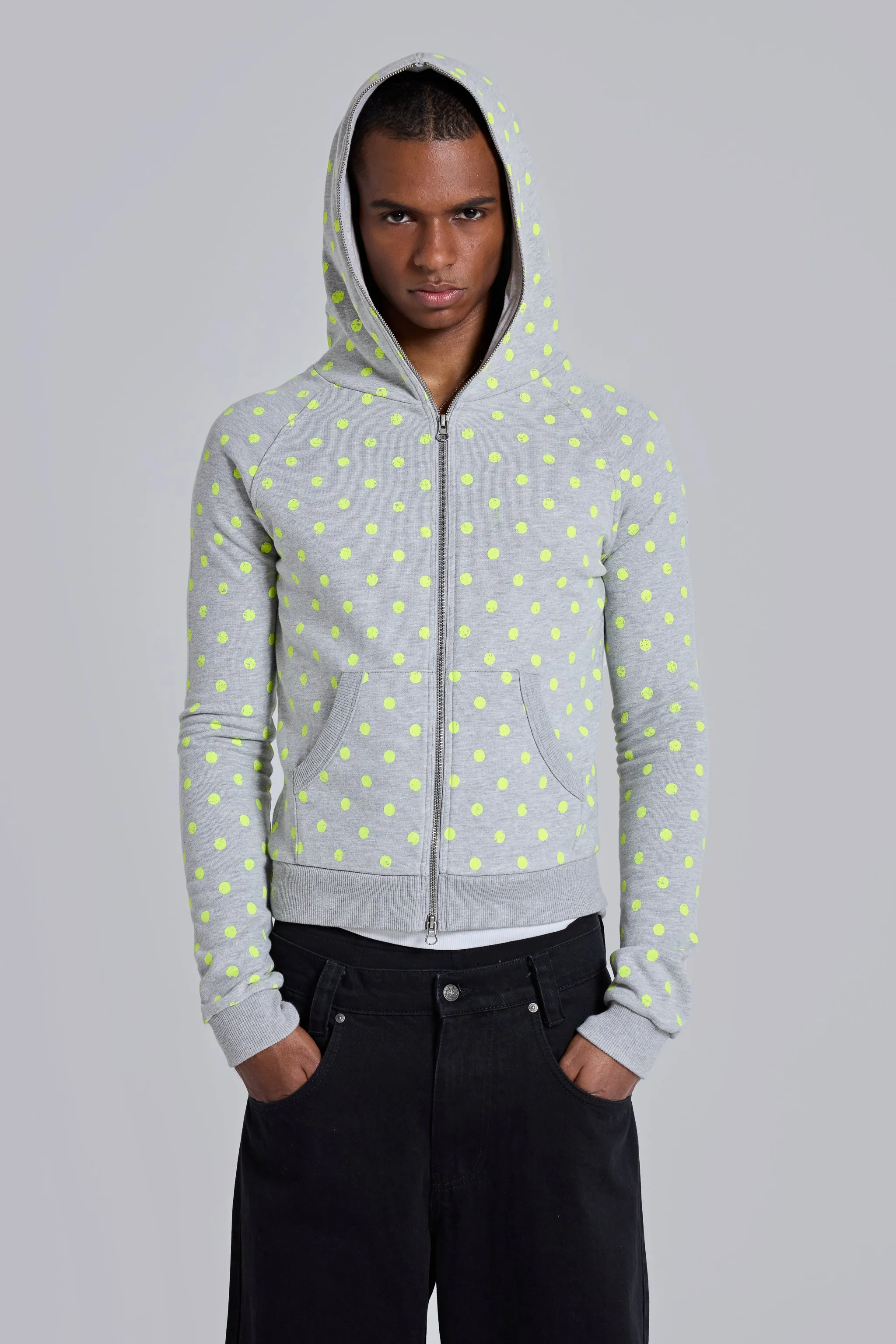 NEON AND GREY POLKADOT ZIP THROUGH MINI MONSTER HOODIE sold by Jaded London