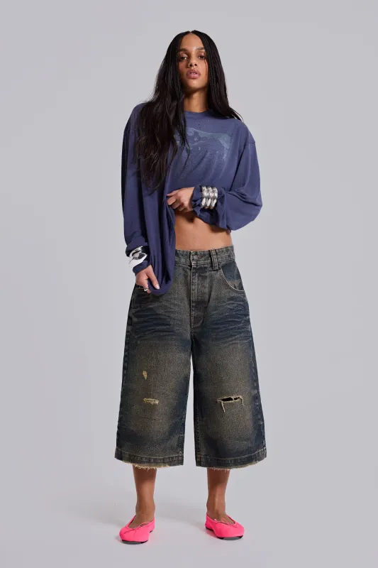 Blue Cinch Back Colossus Jorts made by Jaded London