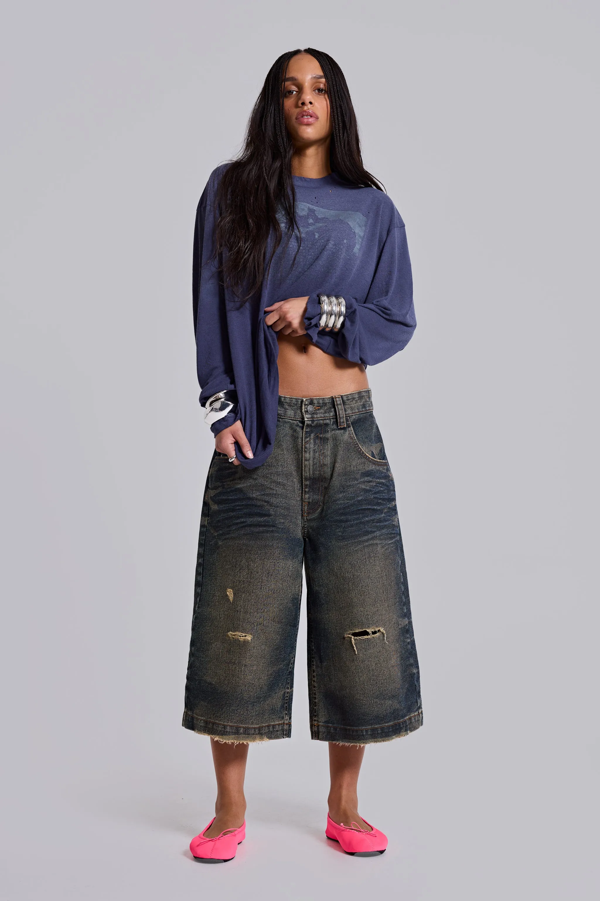 Blue Cinch Back Colossus Jorts sold by Jaded London