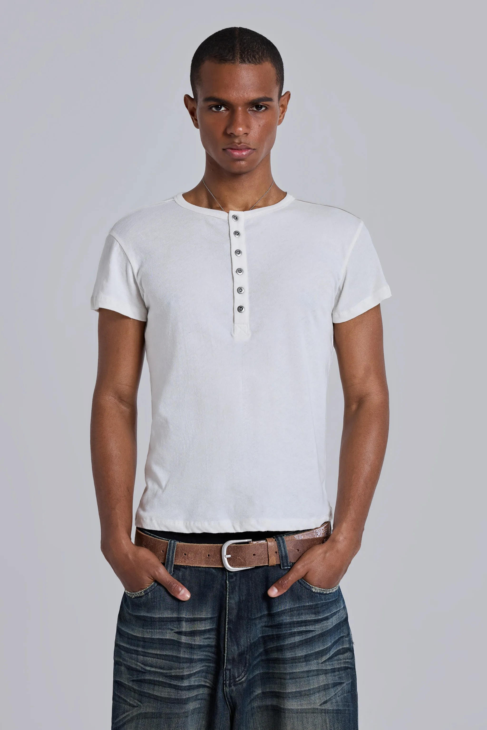 Off White Haze Henley T-Shirt sold by Jaded London