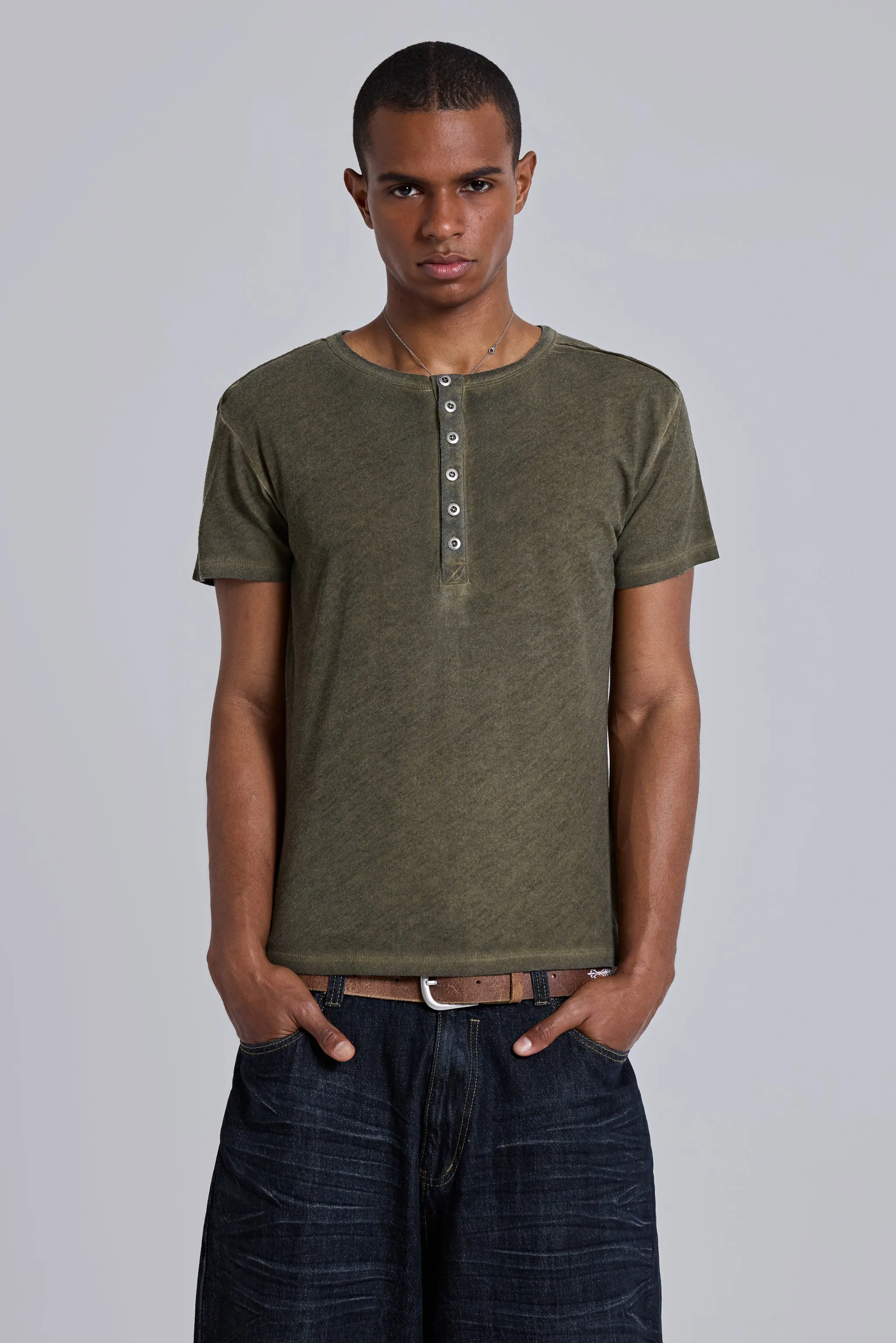 Khaki Haze Henley T-Shirt sold by Jaded London