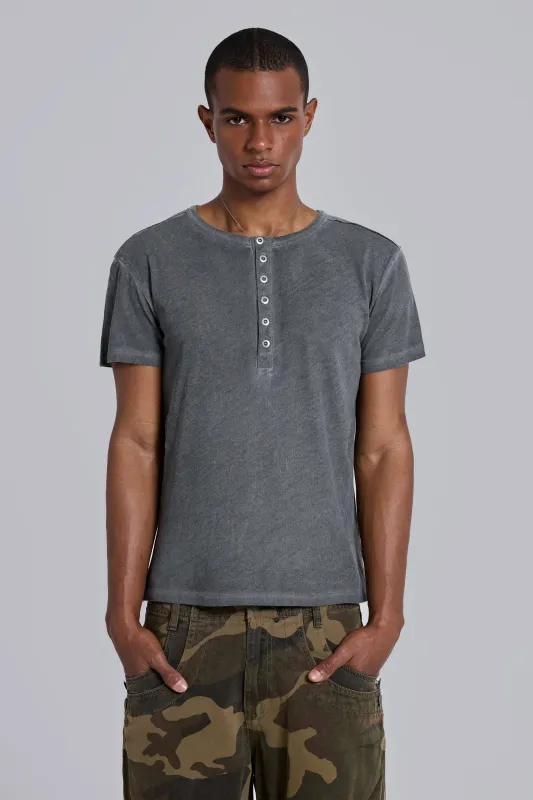 Washed Black Haze Henley T-Shirt made by Jaded London