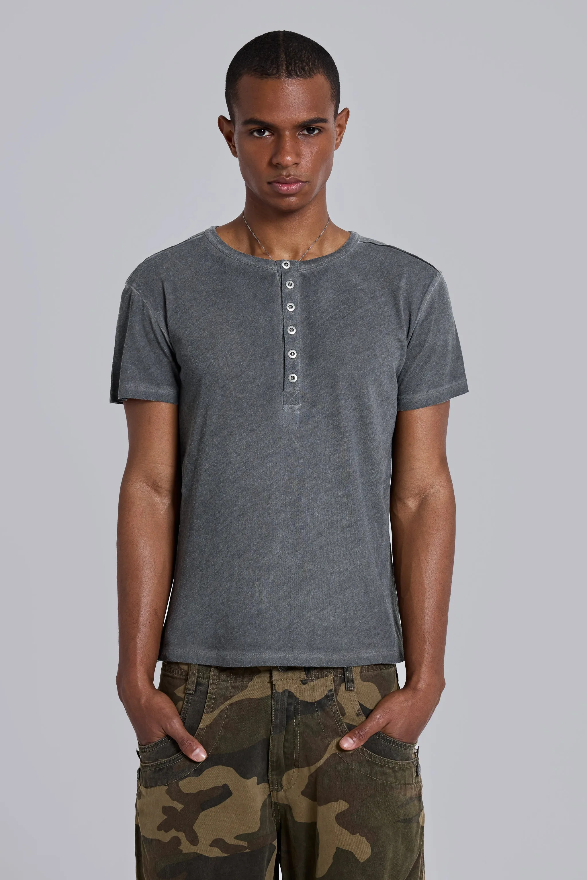 Washed Black Haze Henley T-Shirt sold by Jaded London