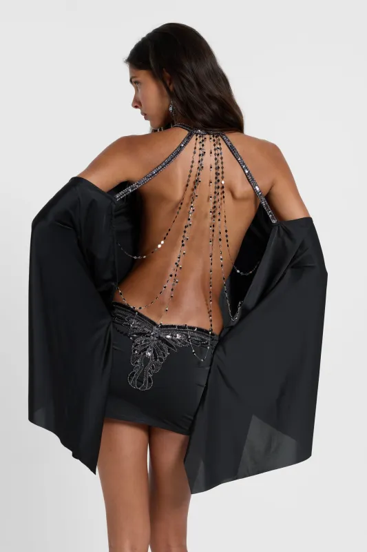 Alula Embellished Butterfly Mini Dress in Black made by Jaded London
