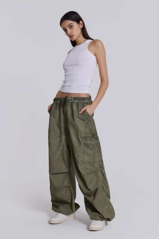 Khaki Oil Wash Parachute Pants sold by Jaded London