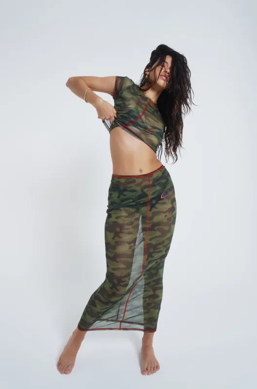Astro Camo Mesh Maxi Skirt sold by Jaded London