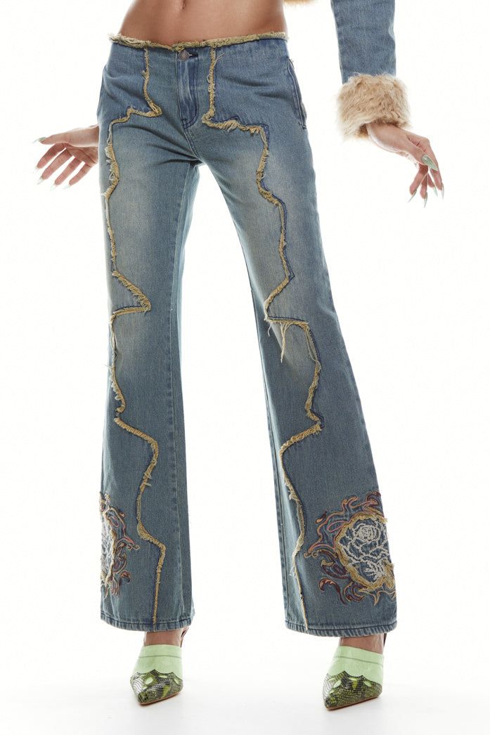 Petite Crimson Rose Embroidered Jeans sold by Jaded London