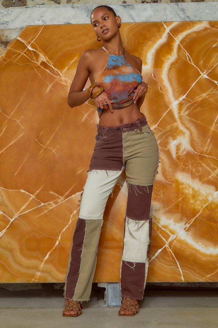 Brown Patchwork Denim Boyfriend Jeans sold by Jaded London