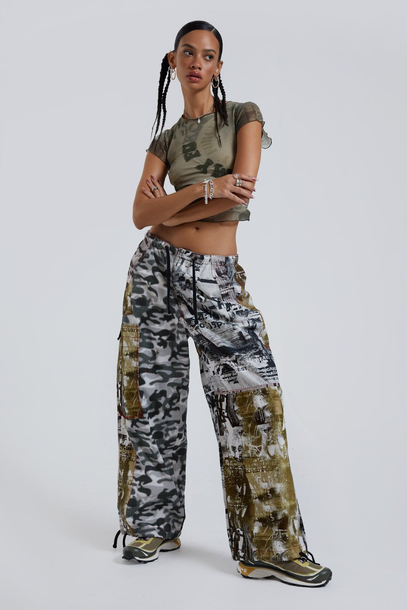 Grunge Camo Parachute Cargo Pants sold by Jaded London