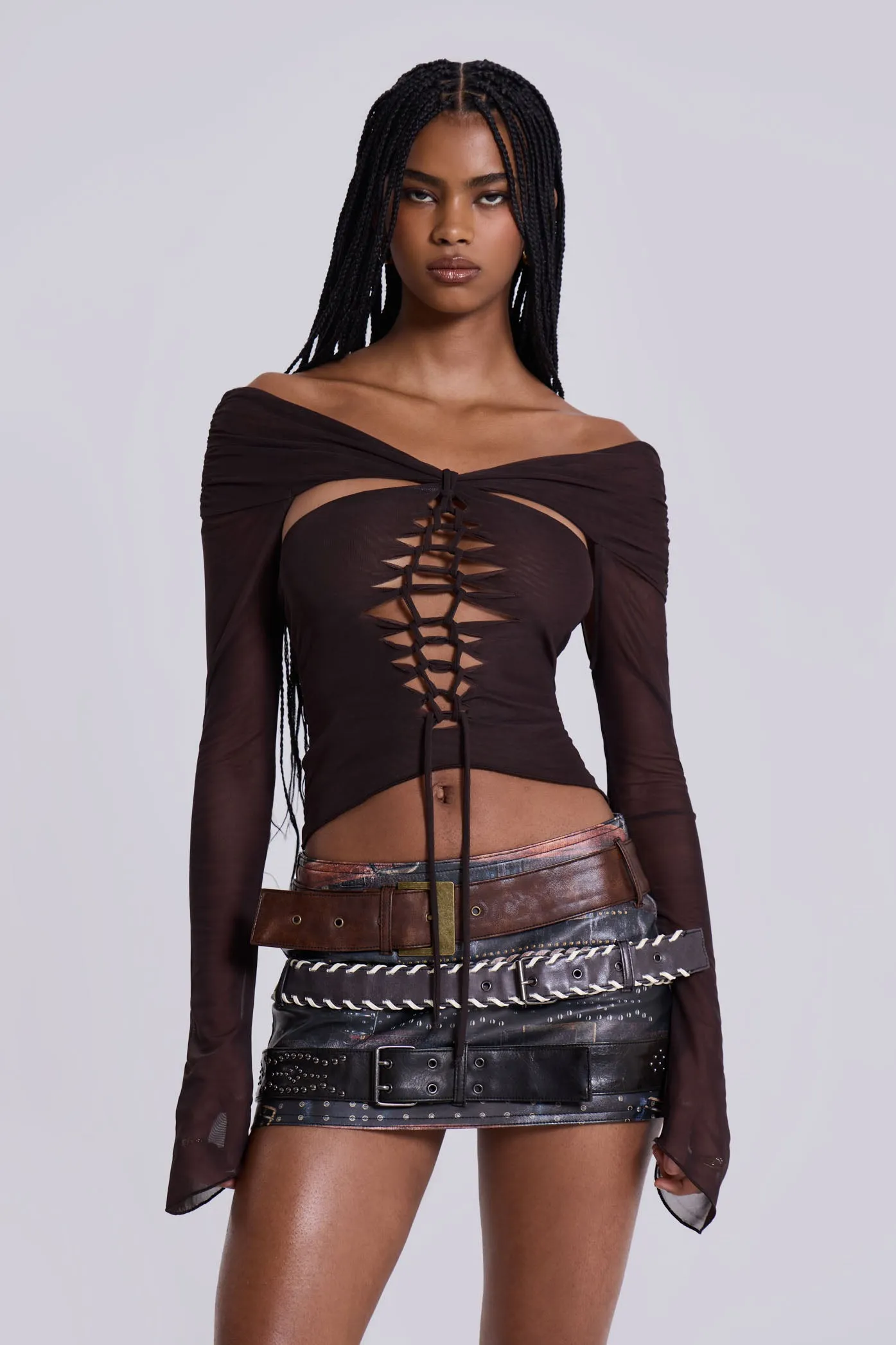 Bianca Macrame Off Shoulder Mesh Top sold by Jaded London